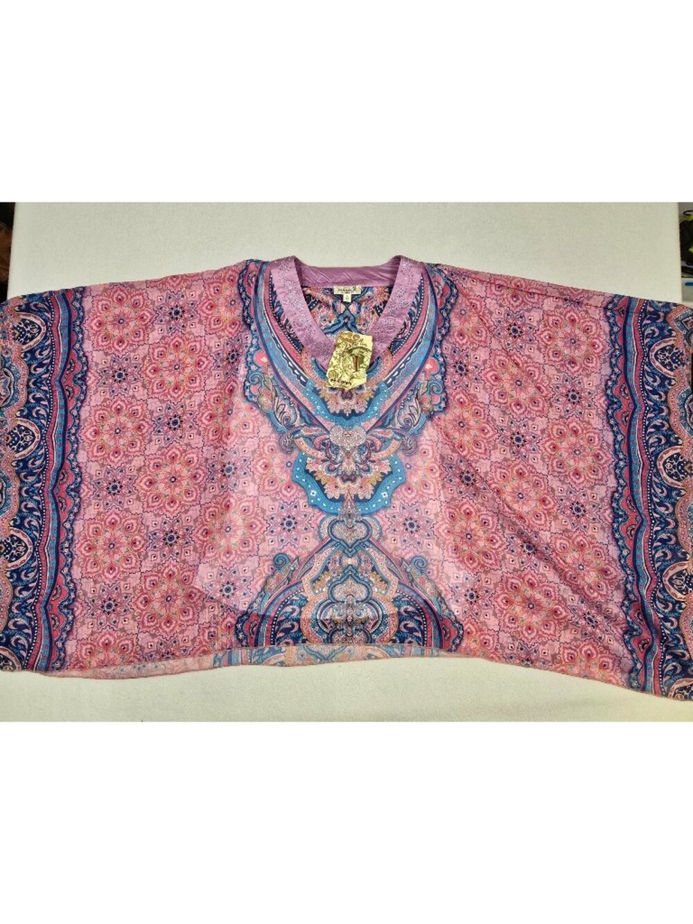 NWT One World Pink & Blue Paisley Print Top W/ Metallic Accents L Boho